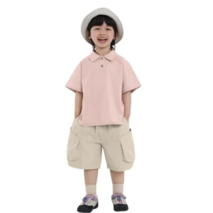 Kids Short Sleeve Polo Top & Beige Cargo Shorts Casual Set