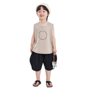 Casual Minimalist Kids 2-Piece Vest & Black Harem Pants Summer Set