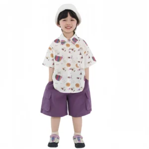 Boys' Summer Cartoon Print Shirt & Purple Cargo Shorts 2-Piece Set