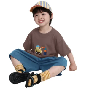 Boys Cute Crane Truck Graphic T-shirt Soft Cotton Kids Casual Summer Tee