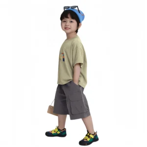 Kids Construction Crane Print Cotton T-Shirt - Sage Green